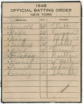 1948 New York Yankees Line Up Card From The Babe Ruth Jersey Retirement Ceremony Held On June 13th 1948- Ruths Final Appearance In A Yankees Uniform